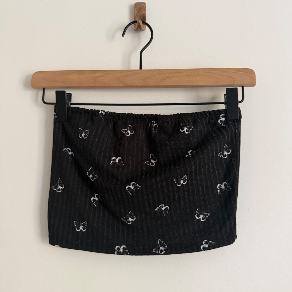 Black Bandeau Top White Butterflies Small Emo Punk Goth Dark Academia
